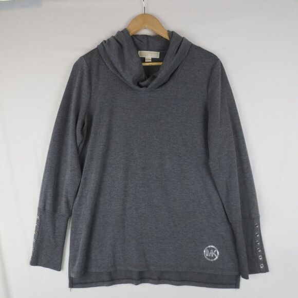 Michael Kors Sweaters - Michael Kors Top Womens L‎ Gray Cowl Neck Rhinestone Stretch Knit Sweater Logo